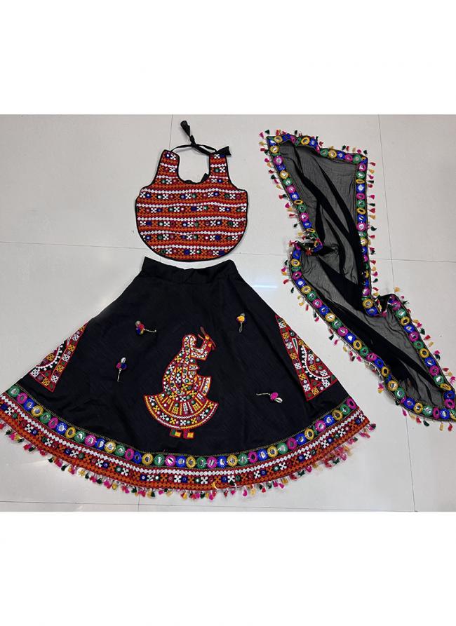 Art Silk Black Navratri Wear Kutchi Work Readymade Kids Lehenga Choli